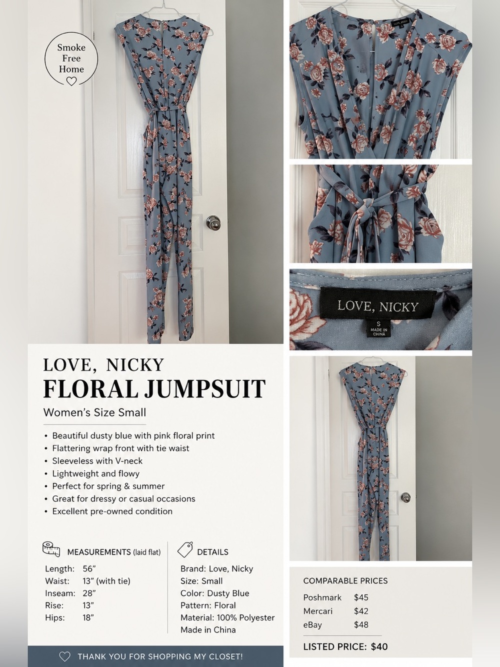 Dusty Blue Floral Jumpsuit - Small